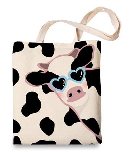 OUZ Canvas Tote Bag for Women, Dairy Cow Buffalo Canvas Handbag Shoulder Tote Bag, Cute Strawberry Tote Bag, Shopping Grocery Reusable Tote Shoulder Bag Casual Bag Gift for Girl Sister Friend