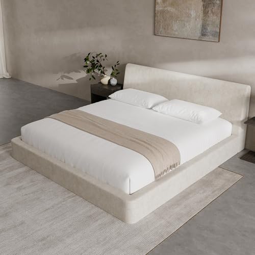 Image of RECCI AirFrame King Size Bed Frame with Ergonomic Angled Foam Cushioned Headboard, Minimalist Design Platform Bed Frame, No Box Spring Needed, Easy Assembly (Beige Chenille)