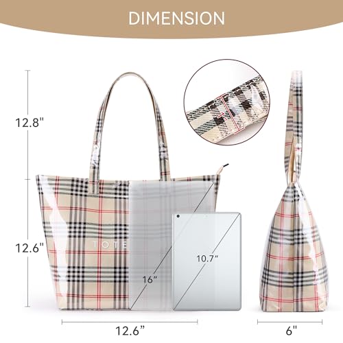 Image of KALIDI PVC Zipper Tote Bag, Jelly Kraft Paper Beach Bag Large Hobo Carry All Travel Shopping Handbag Plastic Shoulder Bag