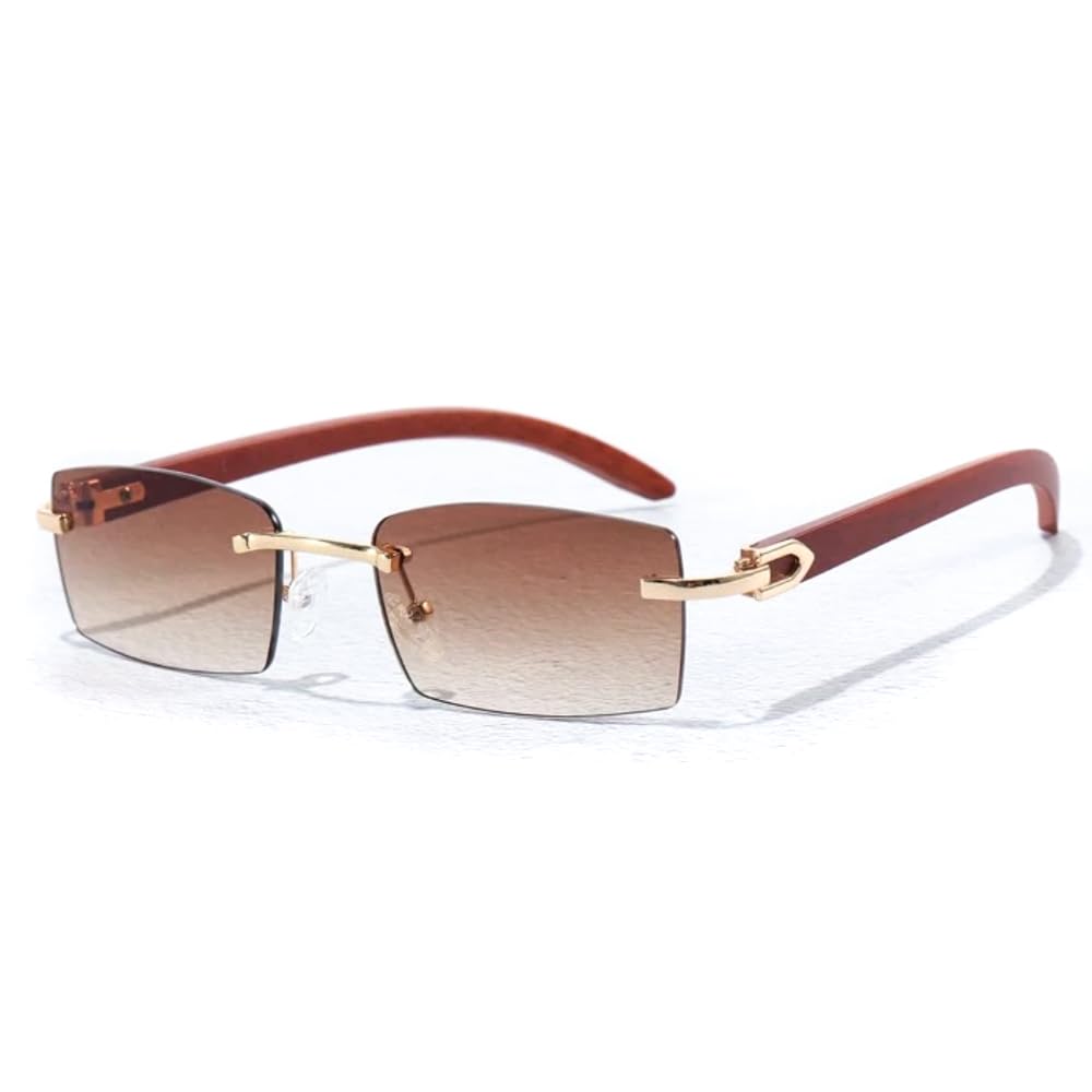 Street KnittedMen Women Rimless Gold Frame Stylish Brown Tinted Woodgrain Shades 90s Rectangle Cool Frameless Retro Trendy Hip Hop Old School Unisex Square Sunglasses