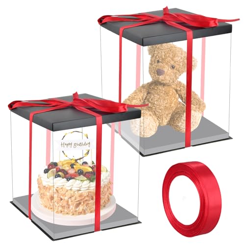 Dewocke 2 Pezzi Scatola per Torta Trasparente 10 Pollici, 30x30x35cm Scatole Regalo Plastica con Coperchio, Scatola Porta Torta Alta, Scatole per Dolci, per Dessert per Imballaggio da Forno(Nero)