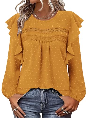 BETTE BOUTIK Womens Boho Fall Long Sleeve Shirts Crewneck Dressy Casual Blouses Trendy Flowy Tops