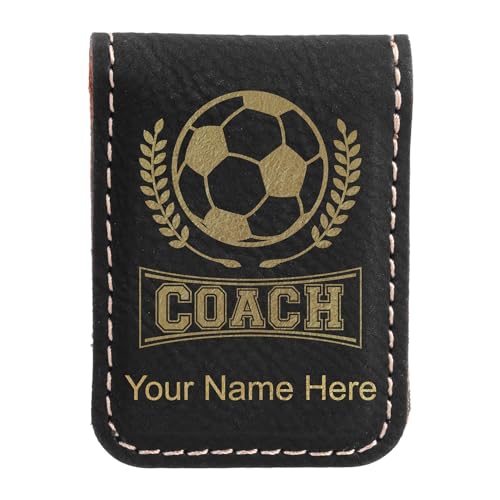 LaserGram Slim Magnetic Money Clip, Soccer Coach, Personalized Engraving Included (Black with Gold)