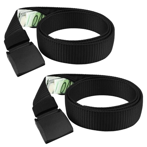 2 Stück Nylon Canvas Gürte mit Geheimfachl, 110 X 3.2cm Verstellbarer Keine Löcher Gürtel Belt Canvas Stoffgürtel, Verstellbarer Arbeitsgürtel Outdoor, für Reise, Dienstreise, Joggen (Schwarz)