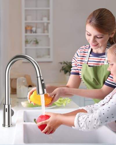 Touchless Kitchen Sink Faucet with Pull Down Sprayer, Stainless Steel Smart Motion Sensor Faucet for Pot Filler, Farmhouse Camper Bar Sink Laundry Room, Brushed Nickel