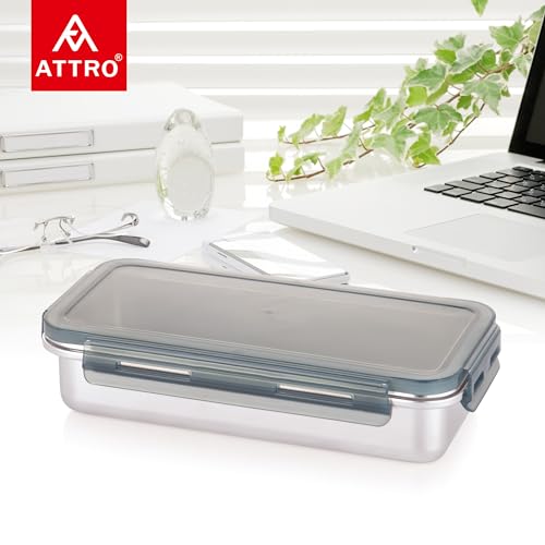 Image of Attro Steelox Rectangle Stainless Steel Container with Plastic Seal Lid BPA Free Food Grade Leak-Proof Ideal for School, Office & Outdoor Lunch Pack - 630ml Grey