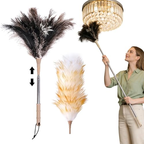 KissDate 53 Inch 2-in-1 Feather Duster, Extendable Ostrich Feather Duster and Fluffy Dust Head with a Hook for Cleaning High Ceilings Lights, Cupboards, Home, Car, Office