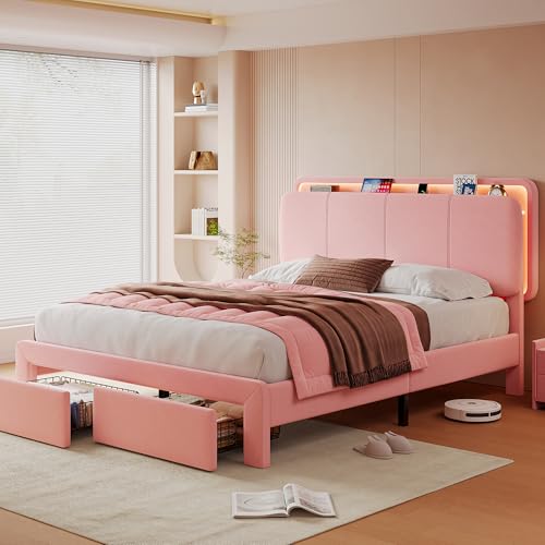 Image of Feonase Queen Upholstered Bed Frame with Headboard and 2 Storage Drawers, Built-in Charging Station, Velvet Platform LED Bed with Solid Wood Slat Support, No Box Spring Needed, Pink