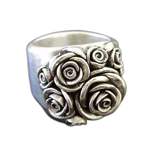 KOICCVQQ Fashion Trend Silver Rose Flower Ring for Woman Exquisite Shiny Charming Temperament Style Boho Faux Novel Design Gothic Rebellious Sadness Totem Amulet Ring Gift Engagement Size 10