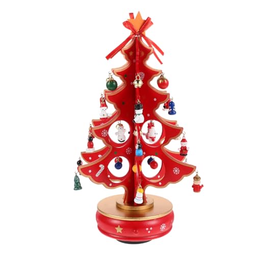 Cabilock Christmas Tree Classic Music Box Wooden Clockwork Design Christmas Tree With Snowman Pendants Miniature Handmade Melody Box Ornaments For Holiday Festival, Red