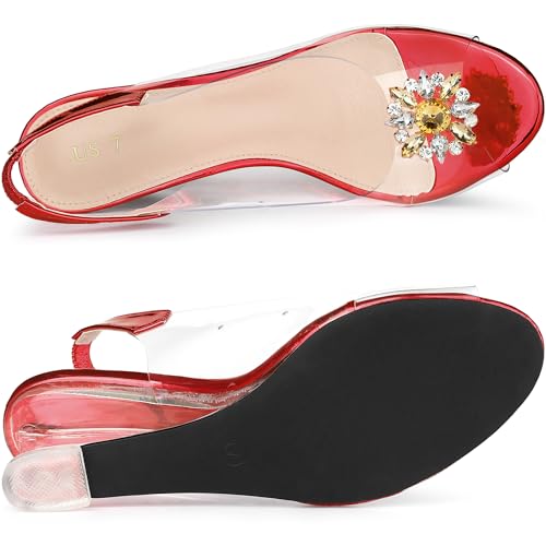 Allegra K Allegra K Women's Rhinestone Clear Wedges Red Heels Sandals 9 M US