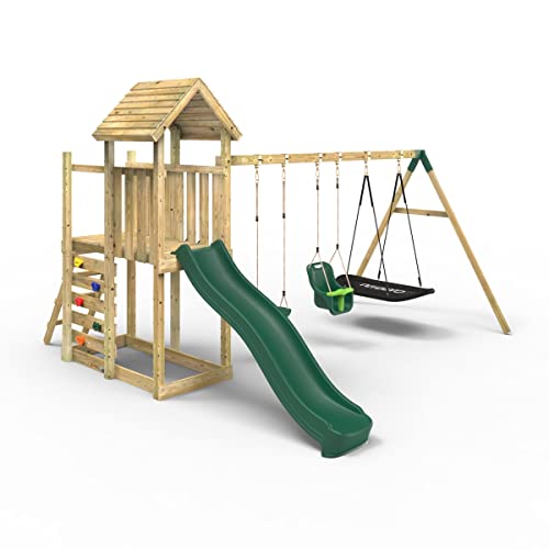 Rebo® Extended Tower Wooden Climbing Frame with Swings and Slide - Snowdon | OutdoorToys | Kids' Outdoor Wooden Garden Play Equipment, Children's Jungle Gym