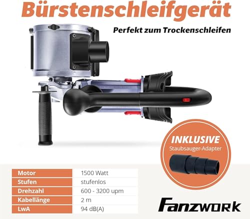 FANZWORK V2 Maszyna satynowa 1500 W do renowacji powierzchni wszelkiego rodzaju, z przyłączem odkurzacza, regulacją prędkości obrotowej, uchwytem kulowym, mosiądzem, nylonem, szczotką do papieru