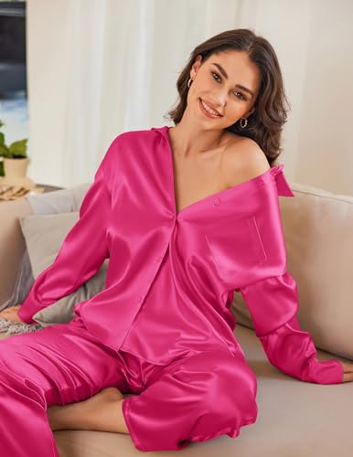 Ekouaer Womens Satin Silky Pajama Set 2 Piece Print PJs Soft Loungewear Button Down Sleepwear with Elastic Waist Long Pants
