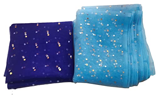 Image of Dual Color Combo of 42inch Width Dotted Mesh Net Fabric for Decoration, Fruit /Dryfruit /Gift Packing & Trousseau Tray Packing (5 Meter Each Color, Light Blue & Dark Blue)