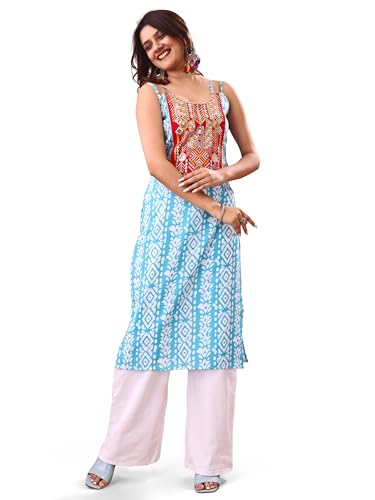 Image of EthnicJunction Women's Cotton Blend Straight Fit Straight Embroidered Batik Print Shoulder Straps Kurta | Navratri Special Kurta