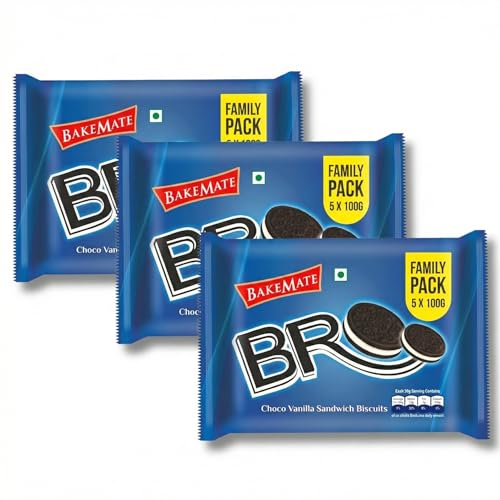 Image of BakeMate BRO Choco Vanilla Sandwich Biscuits Family Pack - Combo Pack of 3 (500g Each) | Vanilla Cream Biscuit | Snack for Kids | Family Pack Sandwich Cream Biscuit | Tea Time Snack | Cookies Packs | Value Pack Biscuits