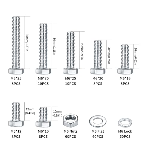 240 Stück M6 Schrauben Set, Sechskantschrauben Muttern Set, Sechskant Schrauben und Muttern Set mit Unterlegscheiben Set, Gewindeschrauben mit Muttern Set, Maschinenschrauben Sortiment