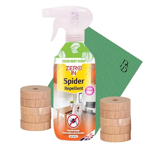 Spider Repellent Pest Control Kit with Zero in Peppermint Oil Spray and Anti Spider Wardrobe Fresheners – Spider Deterrent Bundle Includes: 1x Zero in Spray & 10 Cedar Wood Rings.