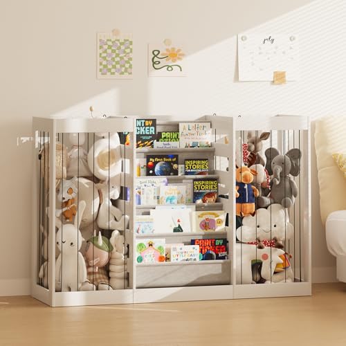 Image of NACHES Montessori Kids Bookshelf with Enclosed Toy Storage, Dual Mesh Bins for Stuffed Animals, Front-Facing Book Organizer for Toddlers Playroom Bedroom (White)