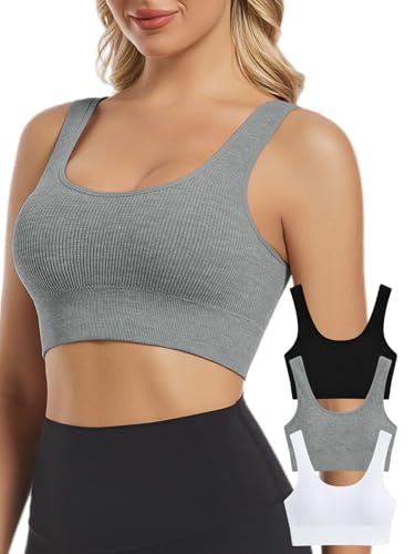Image of Chilylori Seamless Sports Bras for Women Pack of 3 Ribbed Sports Bra Workout Tops Cropped Tank Top Comfort Padded Yoga