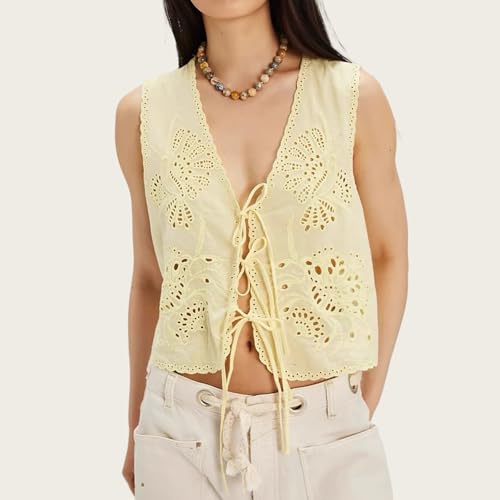 Women Summer Beach Boho Eyelet Embroidered Tie Front Vest Sleeveless Tank Cute 2025 Y2K Clothes3