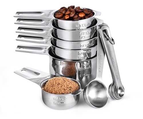 Measuring Cups and Spoons 12 Pieces: U-Taste 18/8 Stainless Steel Kitchen Metal Measure Gadgets, Heavy Duty Stackable Portion Teaspoon Tablespoon Scoop for Baking Cooking Dry & Liquid Food Ingredient