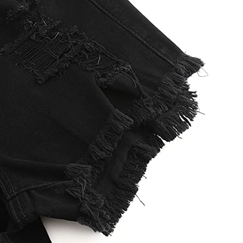 Thunder Star Women Mid Rise Ripped Stretchy Jeans Shorts Frayed Raw Hem Casual Denim Shorts Black1# L #TOP5