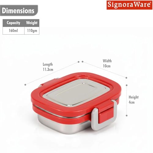 Image of Signoraware Lock N Store Stainless Steel Containers | Airtight & Leakproof | Compact & Durable | Ideal for Snacks, Kids, Travel, Office, School & Outdoor Use (160ml | Red)