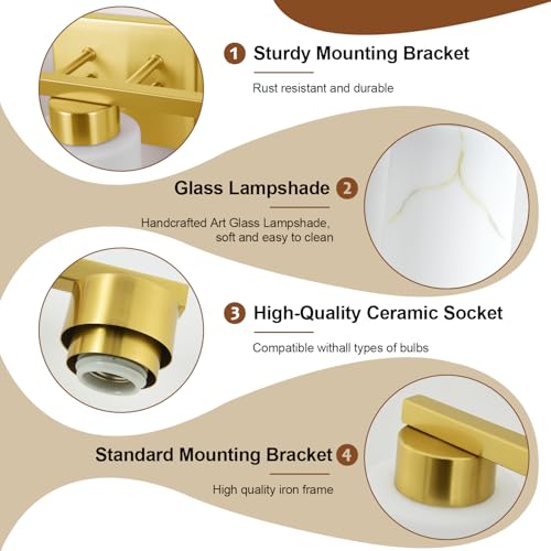 Image of 3-Light Bathroom Light Fixtures, Modern Vanity Lights, Gold Metal Wall Lamp with White Marble Glass for Bathroom, Mirror, Living Room, Bedroom, Cabinet, Porch, Hallway, E26 Base