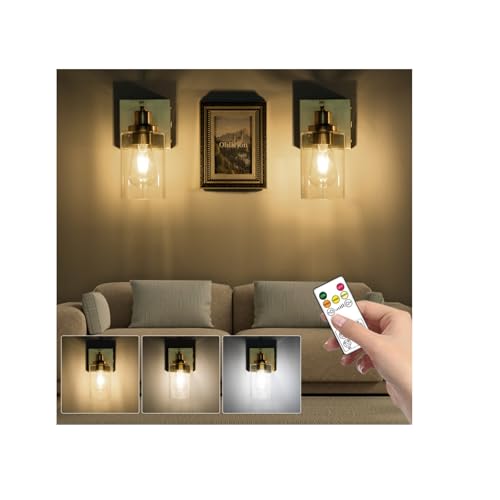 Image of Battery Operated Wall Sconce Set of Two Gold,Vintage Wall Light with Glass Shade,6000mAh Rechargeable Wireless Wall Lamp Indoor Dimmable with Remote,Cordless Wall Light Fixtures for Bathroom Bedroom