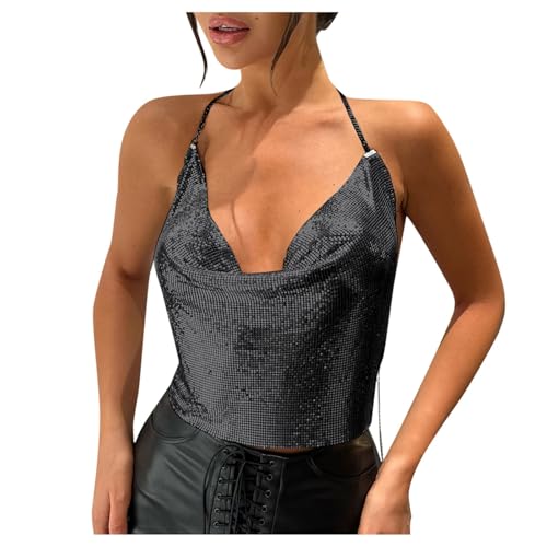 Sequin Top Women's Metal Bra Sexy Glitter Body Chain Tops Adjustable Spaghetti Y2K Strap Top Deep V Neck Tops Halterneck Tank Tops for Carnival Party Club, O Black, One size