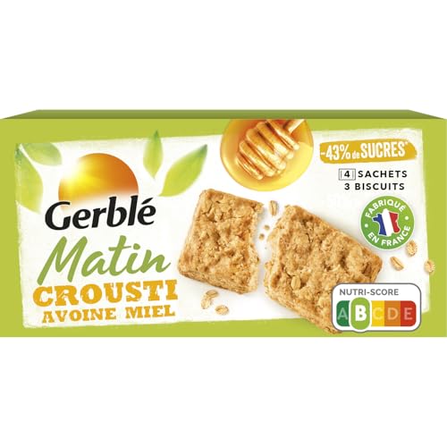 GERBLÉ MATIN – Biscuits Petit Déjeuner Crousti Miel – Réduits en Sucres – Nutri-Score B – 4 Sachets Individuels – 200 g