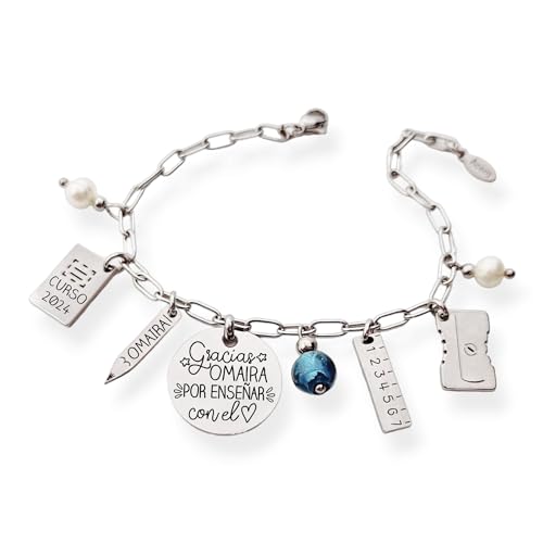 D.CORAZÓN ARTESANÍA HECHO A MANO Pulsera para profesora, con el nombre personalizado y abalorio colgando. Regalos para profesores. (Gracias (nombre) por enseñar con el)