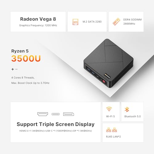 Image of BOSGAME E4 Air Mini PC, Mini Computers with AMD Ryzen 5 3500U, 8GB DDR4 256GB SATA SSD, Dual RJ45, 4K Triple Display, USB-C, USB 3.2, Wi-Fi 5 /BT 5.0, Desktop Computers for Office, Home