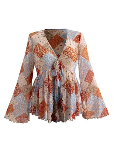 Women's Plus Size Bell Sleeve Tops Mesh Sheer Tie Front 70s Hippie Shirts Western Flared Ruffle Blouses Peplum Top