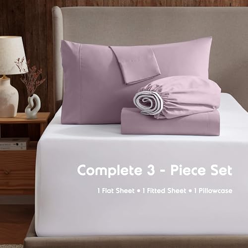 Image of Nestl Twin XL Bed Sheet Set - Dusty Purple - 3-Piece Deep Pocket | Instantly Soft, Night-One Ready (No Wash Required). Fits 16-Inch Deep Pockets, 360-Degree Elastic Grip