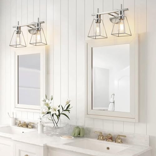 Image of Industrial Bathroom Vanity Lights: 2 Light Silver Brushed Nickel Vintage Metal Cage Wall Lamps - Rustic Farmhouse Light Fixture Over Mirrors Cabinet for Home Hallway