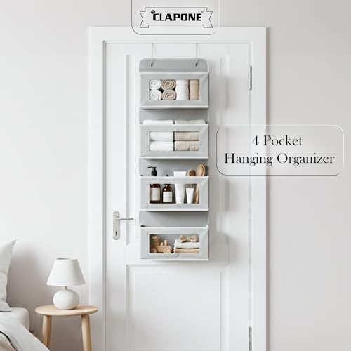 Image of CLAPONE Over the Door Organizer /Large Pockets - Anti-Tilt Hanging Storage for Bedroom /Closet Door Storage /Bathroom /Pantry /Nursery /Bedroom (Light Grey, 4 Shelf Hanging Door)