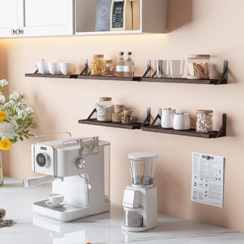 Image of YGEOMER Brown Floating Shelves for Wall, 16.5 Inch Farmhouse Wall Shelves for Bedroom, Bathroom Storage, Living Room and Kitchen Decor (Set of 6 Brown)