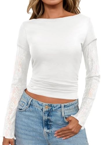 Yousify Womens Lace Long Sleeve T Shirts Going Out Tops 2025 Trendy Boat Neck Basic Tees Fitted Shirt