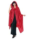 Der rote Samtumhang ist aus weichem Samt, ca 153cm lang und besitzt ein große rote Kapuze. Mit einer Schnürrung am Kragen lässte sich der rote Kostümumhang schließen.