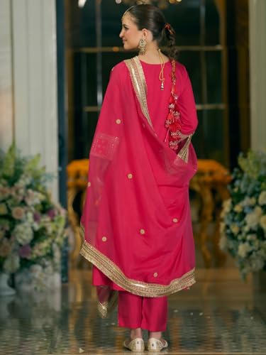 Image of INDO ERA Women's Silk Blend Ethnic Motifs Embroidered A-Line Kurta & Pant with Dupatta Set (IEOUT12437)