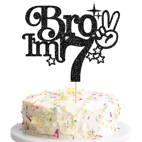 Gyufise 1Pc Brother I'm 7 Cake Topper Glitter Happy 7th Birthday Cake Pick Bro I'm 7 Cake Decoration It's My 7th Birthday Decorations for Boys Cheers to 7 Years Old Birthday Party Supplies Black