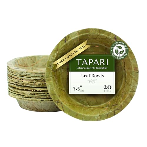TAPARI Large Disposable Bowls - 20 Pack Large Leaf Bowls - 7.5 Inch - Sturdy & Eco-Friendly - Home Compostable & Biodegradable Bowls for Parties - Bowl for Soup, Hot & Cold Food - Sal Leaf - 13 Fl Oz