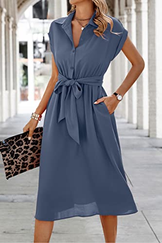 Image of ECOWISH Womens Casual Midi Dresses Solid V Neck Short Sleeve Button Shirt Belted Dress with Pockets for Spring Summer 2026