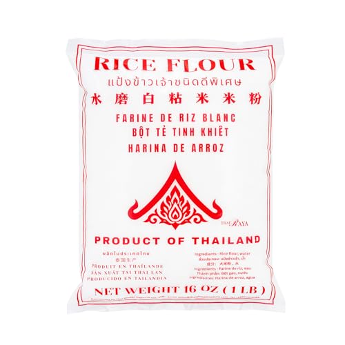 Thairaya Thai white Rice Flour, 16 oz, White, Gluten-Free, Vegan, (Pack of 1) Product of Thailand Pure and superfine rice flour Great for baking and cooking. Water Milled for sourdough bread asian white rice flour