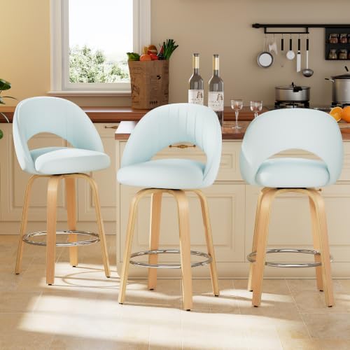 26 Inch Swivel Bar Stools Set of 3, Counter Height Bar Chairs for Kitchen, Velvet Fabric Island Chairs with Back, Thickened Cushion, Wood-Frame, Automatic Seat-Return to Center, Baby Blue