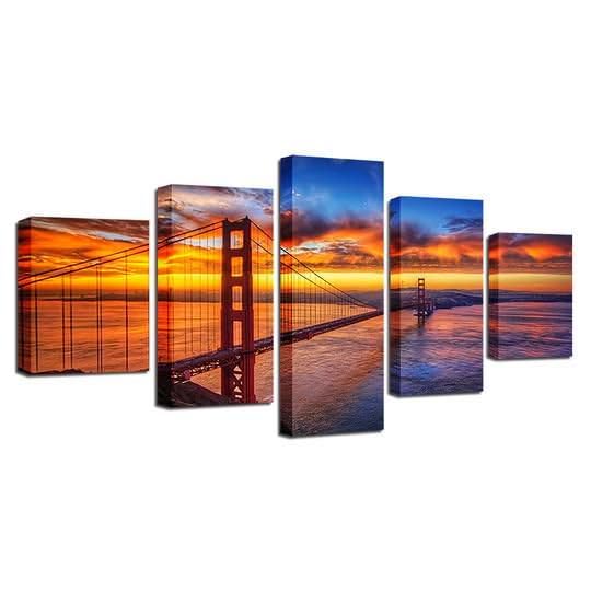 Genérico 5 Impresiones en Lienzo Puente Golden Gate San Francisco Lienzo de pared de arte moderno enmarcado Pintura Dormitorio Salón Cocina
