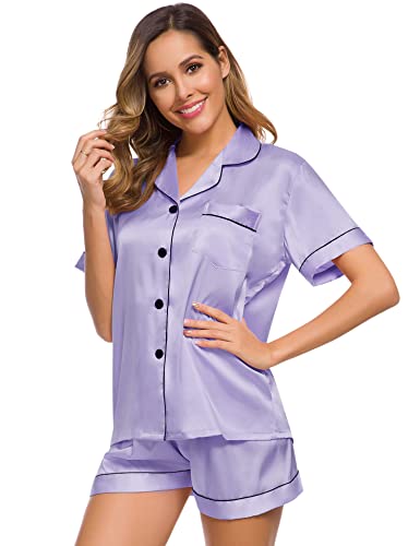 Image of SWOMOG Womens Silk Satin Pajamas Set Short Sleeve Sleepwear Button Down Top and Shorts Loungewear 2 Piece Pjs Set XS-3XL